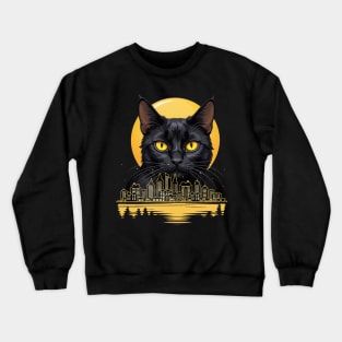 Black Cat With Yellow Eyes Night Moon And City Cats Lovers Crewneck Sweatshirt